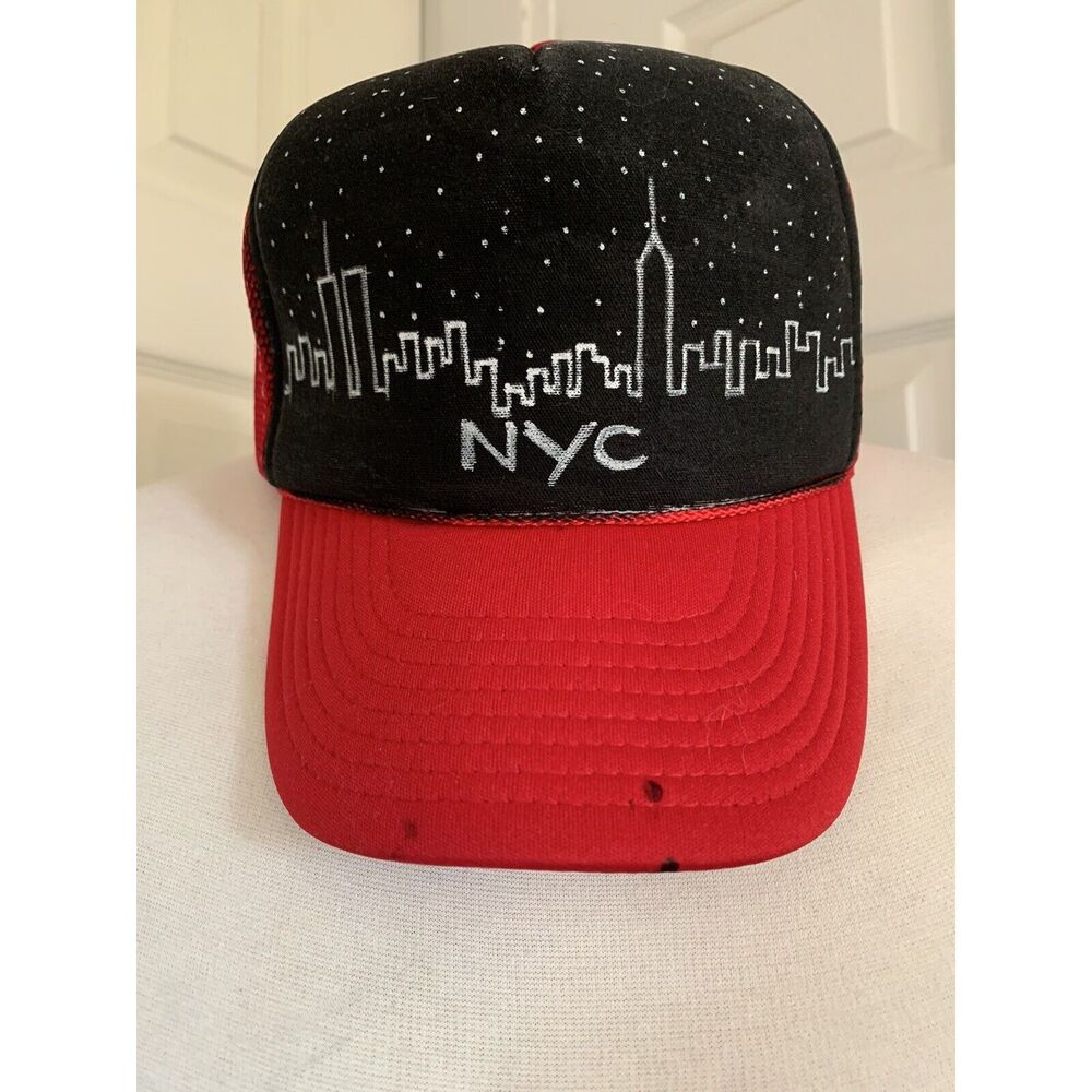 Vintage Hand Painted Nissan Trucker Cap Red/Black NYC Skyline